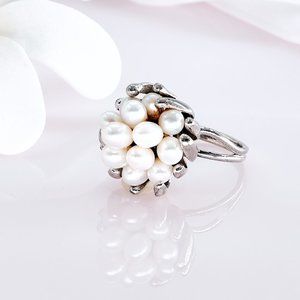 Pearl Cluster Ring, Stamped Silver, Size 5 US, Estate Vintage Jewelry